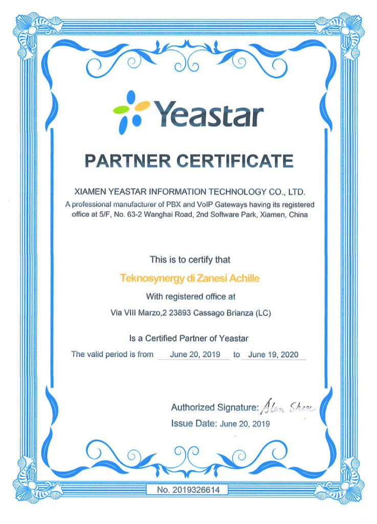 Yeastar partner certificate